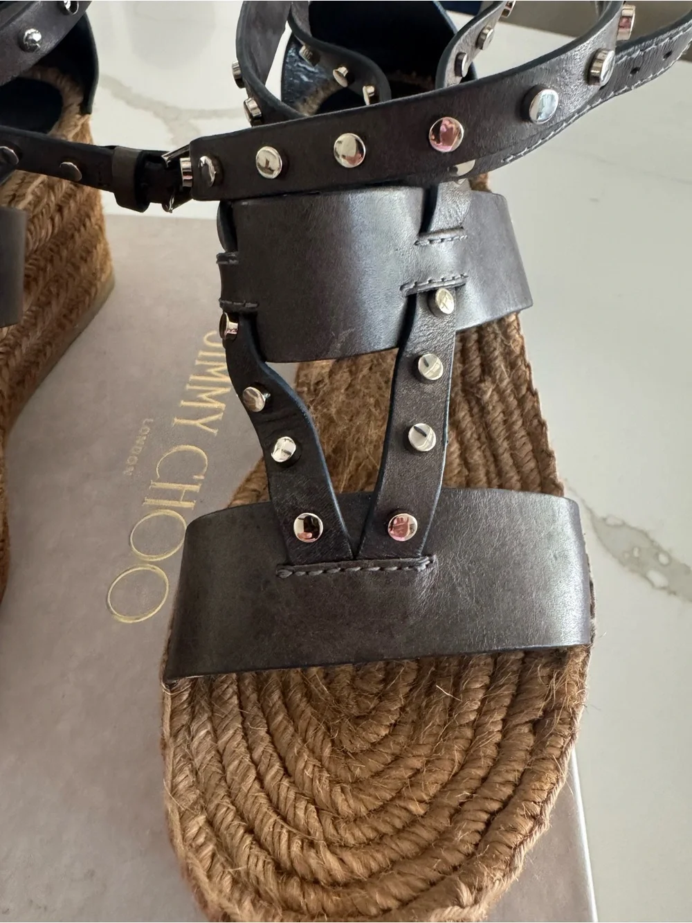 Jimmy Choo Blue/Gray Studded Leather Espadrilles with Ankle Wrap